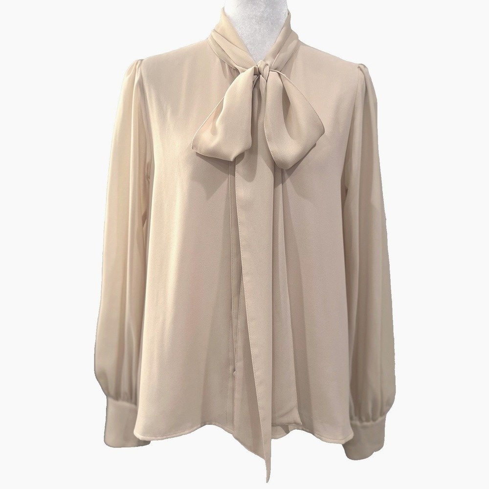 for love & lemons Silk Long Sleve Blouse Button Taupe Minimalist Quiet Luxury L
